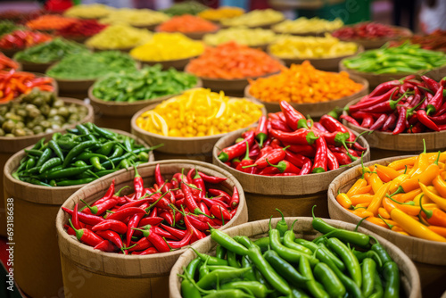 Market stand filled with different hot pepper varieties. Generative AI