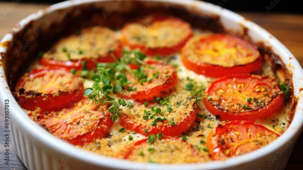 a casserole dish with tomatoes and parsley in a white casserole dish on top of a wooden table with a wooden table and a wooden surface. a casserole dish with tomatoes and parsley in a white casserole dish on top of a wooden table with a wooden table and a wooden surface.