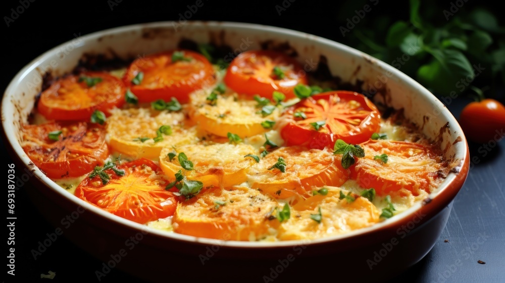 a casserole with tomatoes and parmesan cheese in a dish on a table next to a tomato and a green leafy garnish on the side. a casserole with tomatoes and parmesan cheese in a dish on a table next to a tomato and a green leafy garnish on the side.