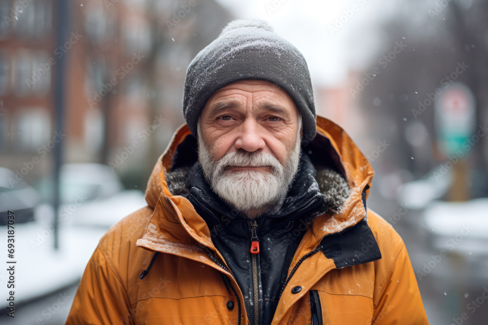Portrait of a Senior Man Wearing a Warm Winter Jacket and Hat in Winter City Street and Looking at the Camera Portrait of a Senior Man Wearing a Warm Winter Jacket and Hat in Winter City Street and Looking at the Camera