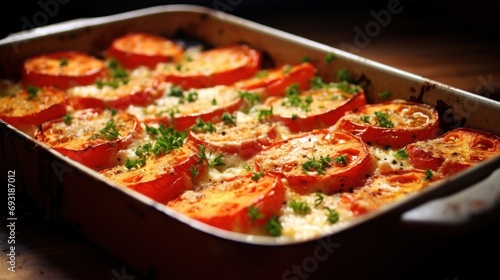  a casserole dish with tomatoes, cheese and parsley on the top of the casserole, on a wooden table top of a dark wood table.