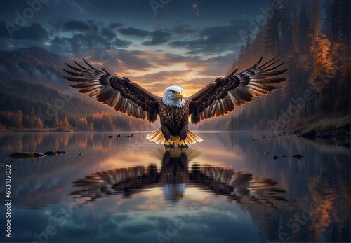 an eagle flies over the lake at night photo