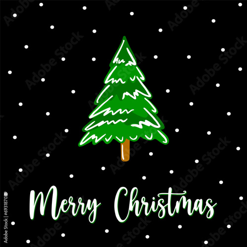 Merry Christmas and Happy Holidays postcard with New Year tree, snowflakes on white backgrounds design. Modern universal artistic template. Doodle, hand drawn Spruce, fir tree, invitation for holidays