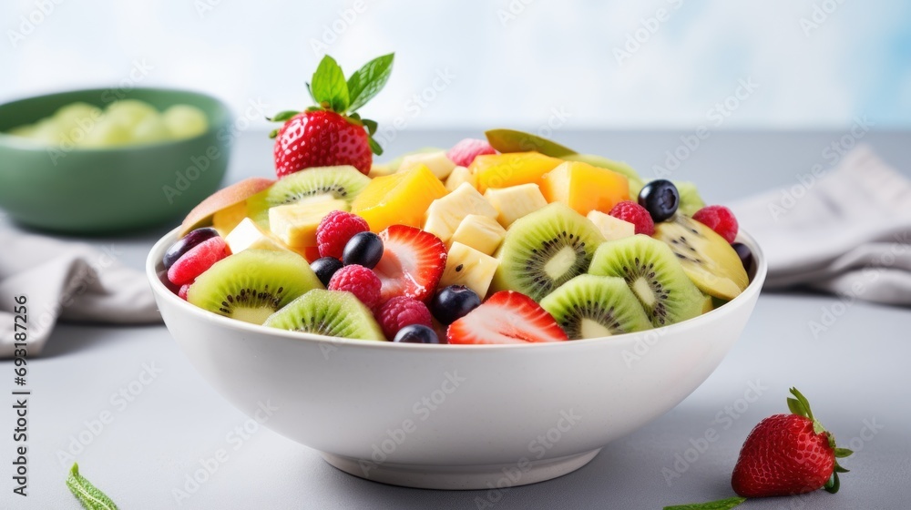  a white bowl filled with fruit next to a green bowl filled with strawberries, kiwis, raspberries, and a green bowl of strawberries.