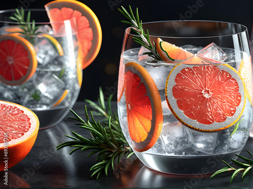 Citrus Infusion: Sipping the Harmony of Gin and Tonic with Grapefruit and Rosemary. generative AI