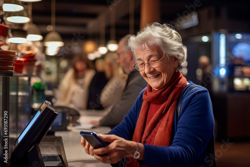 Elderly woman smiling pays for her purchases in store using her smartphone to the payment terminal