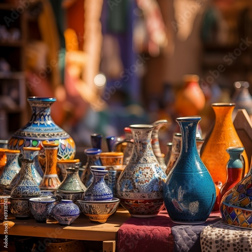AI generated photo of colorful Moroccan pottery on a warm, sunny day somewhere in Marrakech medina