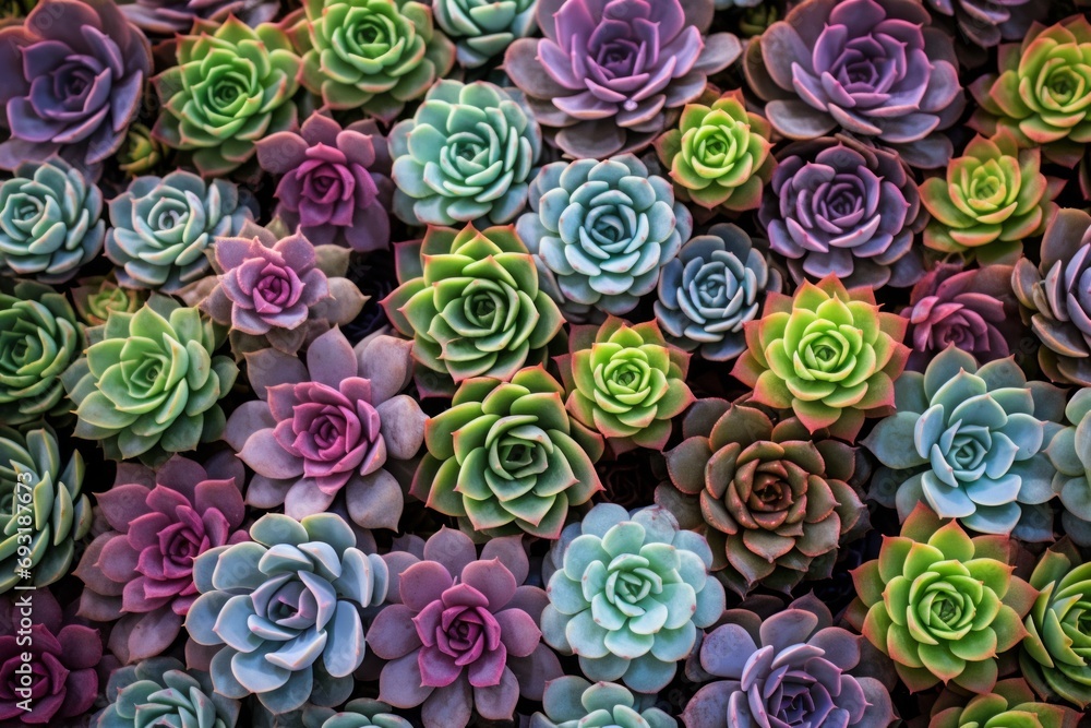 A close-up photo of a vibrant colorful succulent garden.