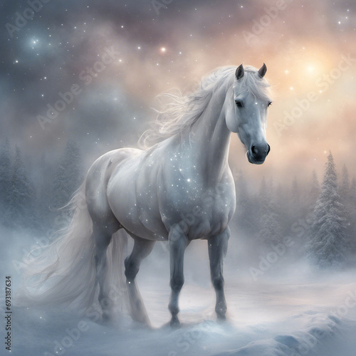 Christmas horse in natural winter forest background. © lusyaya