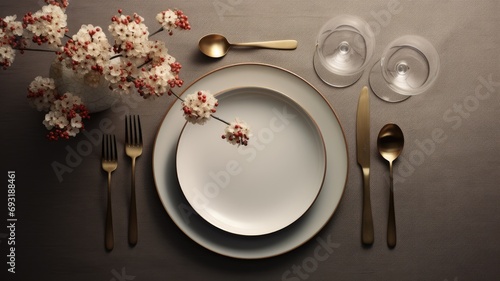a beautiful table setting for one person in a close-up flat lay, floral decorations to enhance the aesthetic, in a minimalist modern style that accentuates the beauty of simplicity.