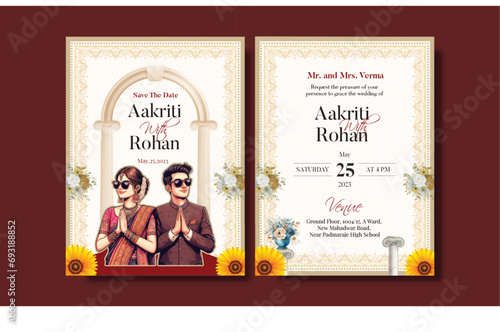 Traditional Royal Wedding Invitation card design with Bride and Groom Welcoming illustration 
