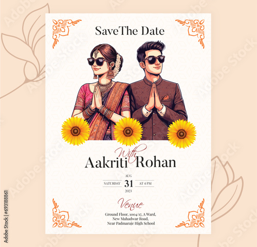 Traditional Royal Wedding Invitation card design with Bride and Groom Welcoming illustration 