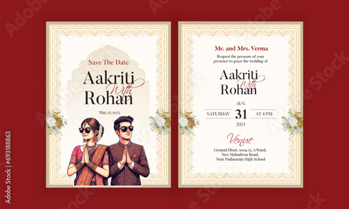 Traditional Royal Wedding Invitation card design with Bride and Groom Welcoming illustration 