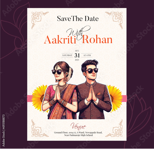 Traditional Royal Wedding Invitation card design with Bride and Groom Welcoming illustration 