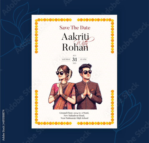 Traditional Royal Wedding Invitation card design with Bride and Groom Welcoming illustration 