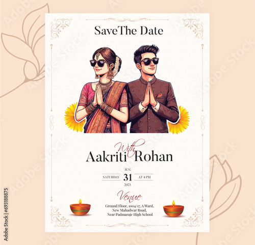 Traditional Royal Wedding Invitation card design with Bride and Groom Welcoming illustration 