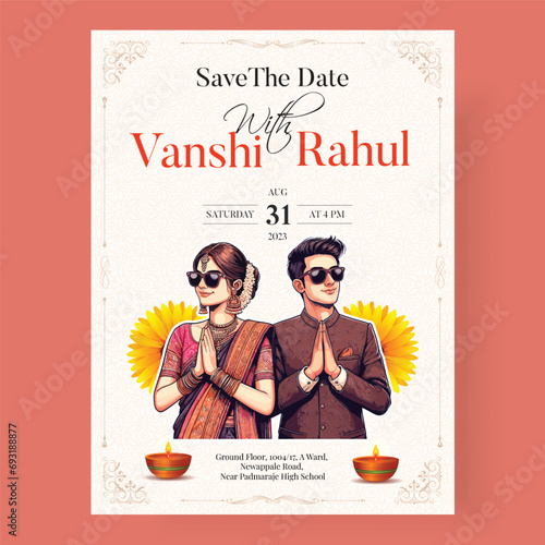 Traditional Royal Wedding Invitation card design with Bride and Groom Welcoming illustration 