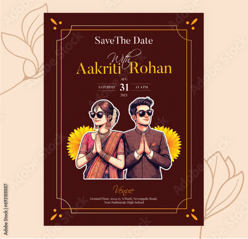 Traditional Royal Wedding Invitation card design with Bride and Groom Welcoming illustration 