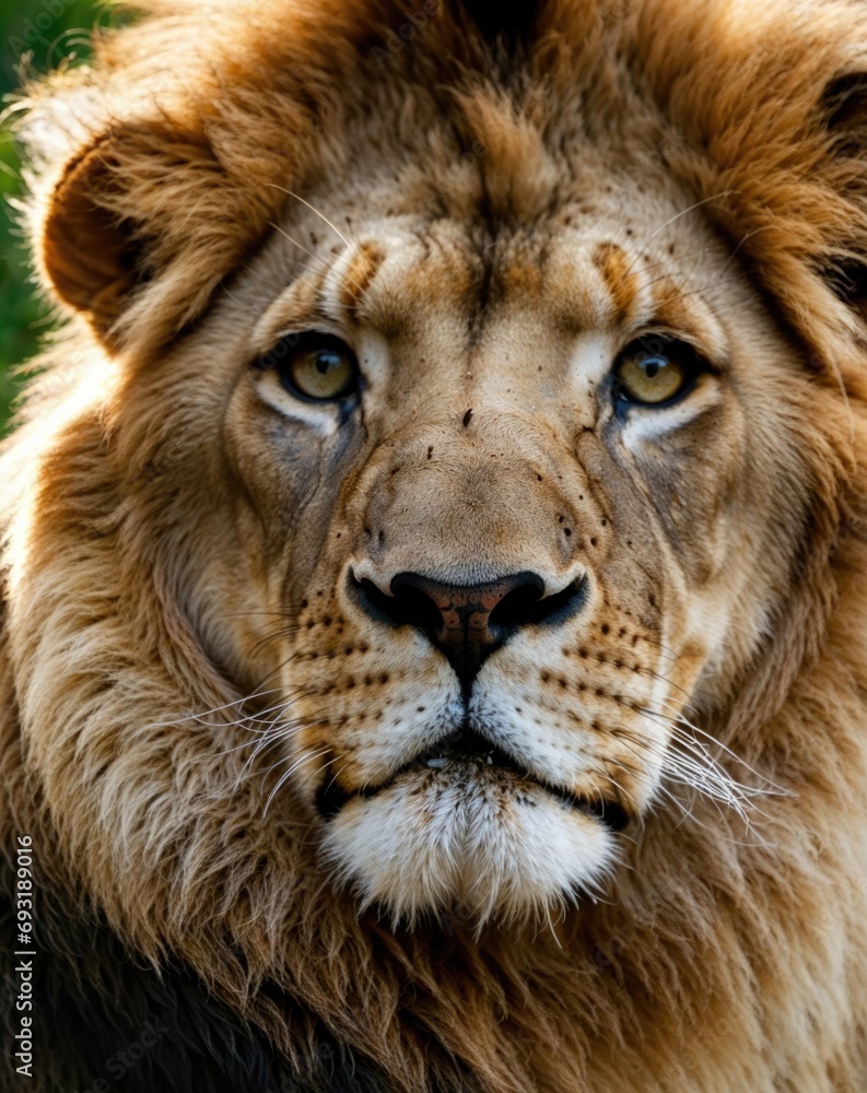 Lion portrait with a golden man, The king of the jungle, the king of the plains. Majestic Feline animal, in ultra HD resolution.