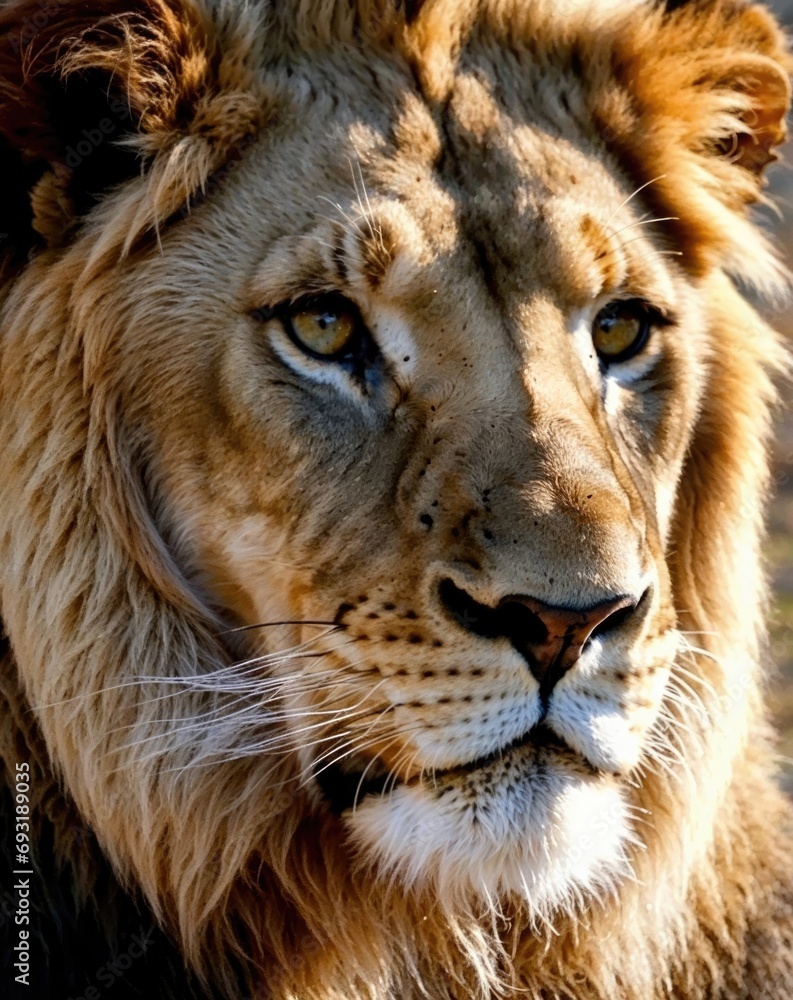 Lion portrait with a golden man, The king of the jungle, the king of the plains. Majestic Feline animal, in ultra HD resolution.