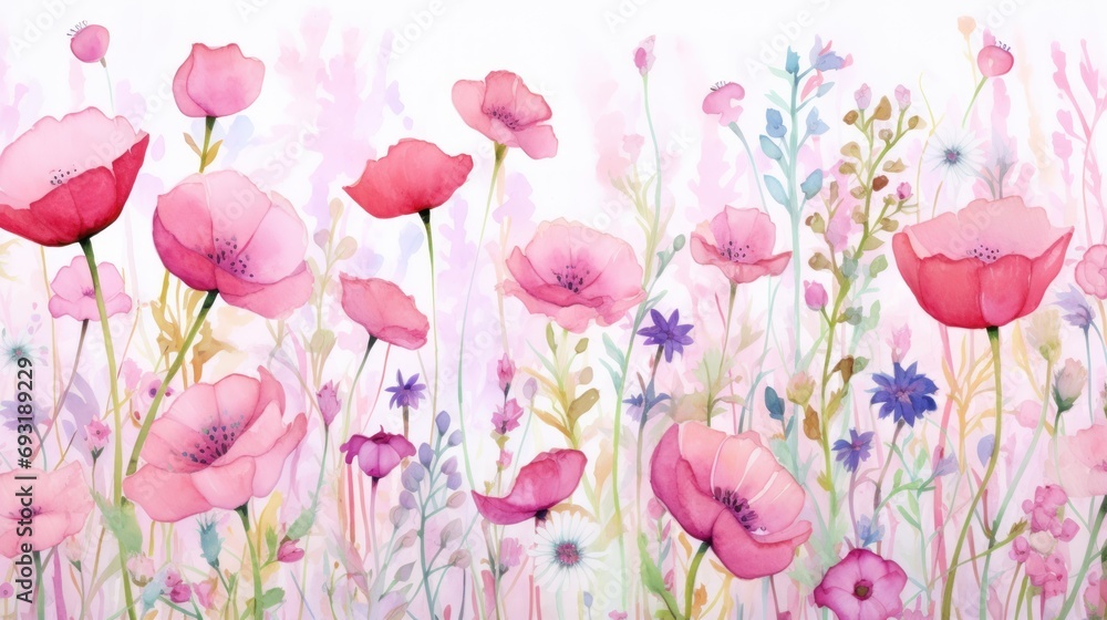  a painting of pink poppies and daisies in a field of grass and daisies in the foreground, with a white background of pink and blue daisies in the foreground.