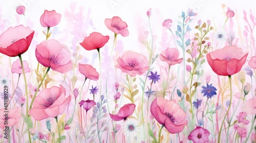  a painting of pink poppies and daisies in a field of grass and daisies in the foreground  with a white background of pink and blue daisies in the foreground.