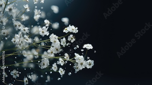 gypsophila or baby's breath flowers with a macro shot against a dark background, in a minimalist modern style, highlighting the delicate details in a visually striking manner.