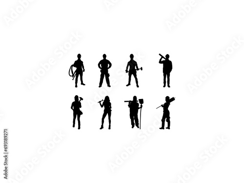 Set of Construction Worker Silhouette in various poses isolated on white background