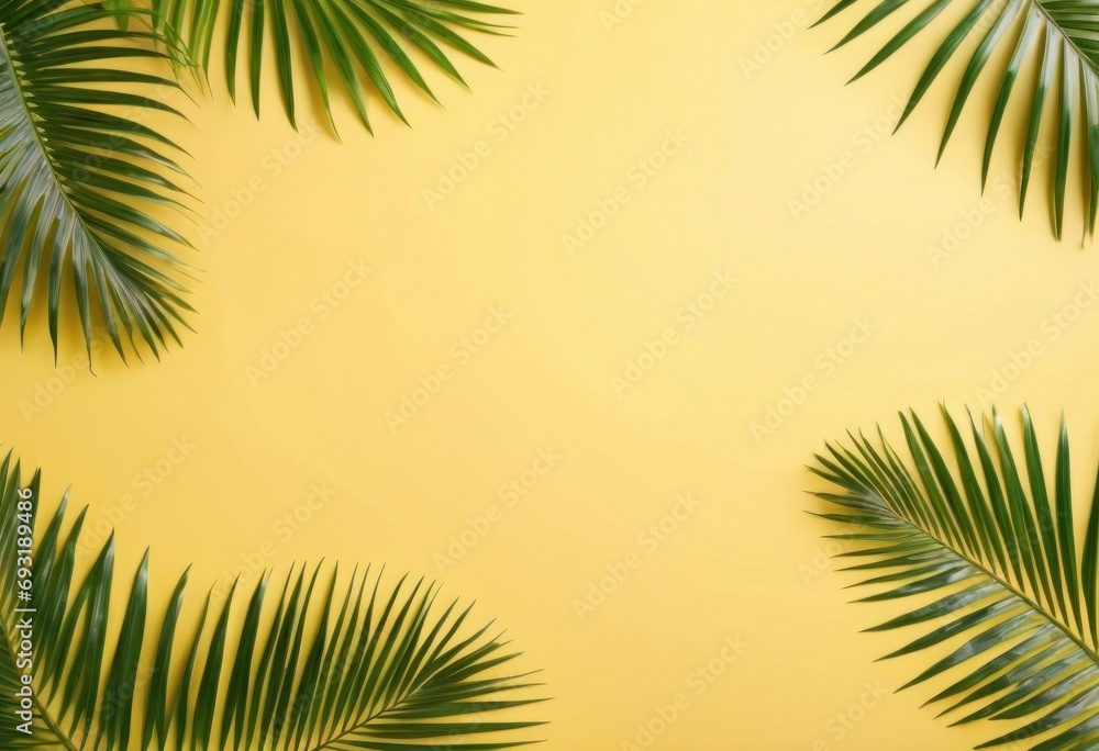 Tropical frame with green palm leaves. Tropical plant branches on yellow background. Summer banner template with border of coconut palm foliage. Summer vacation