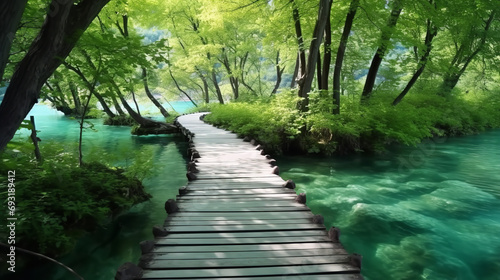 Beautiful wooden path trail for nature trekking with lakes and waterfall landscape © Nate