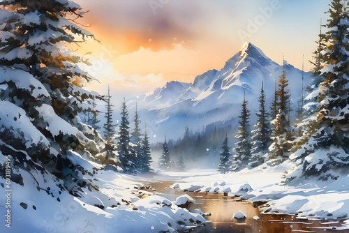 Watercolor Whispers: Capturing the Quiet Beauty of a Snowy Winter Landscape. generative AI