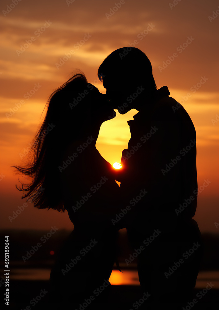 Couple kissing at sunset, only silhouettes of their heads visible against orange sky commercial stock photo style