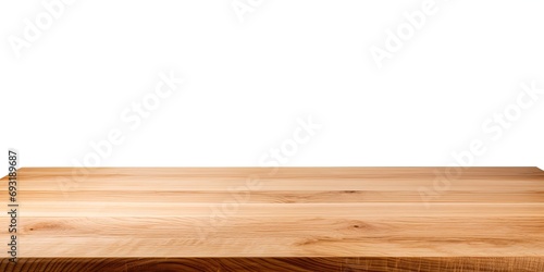 Low perspective view of wood table corner on white background with clipping path.