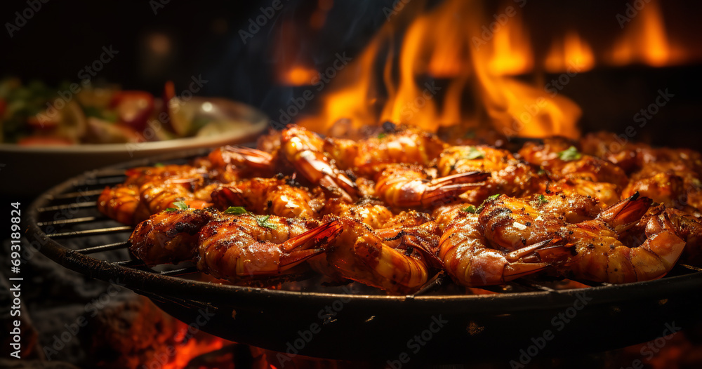 Grilled king size prawns on fire