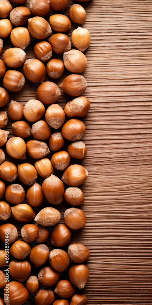 Hazelnuts spilled on light wood table, overhead view, bright light Hazelnuts spilled on light wood table, overhead view, bright light