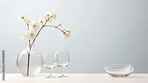 glasses and fresh flowers in a minimalist modern style, balances the purity of glassware with the beauty of fresh blooms, creating an aesthetically pleasing scene. photo