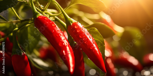 High resulation image of red chilies in the garden with water drops and sun shines photo