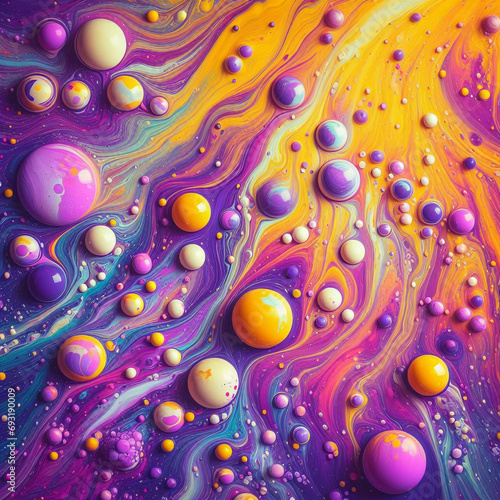 The magic of a bright and colorful mixture of liquid paints creating an abstract pattern. The dominant colors are shades of purple, yellow and pink, which combine smoothly and dynamically.