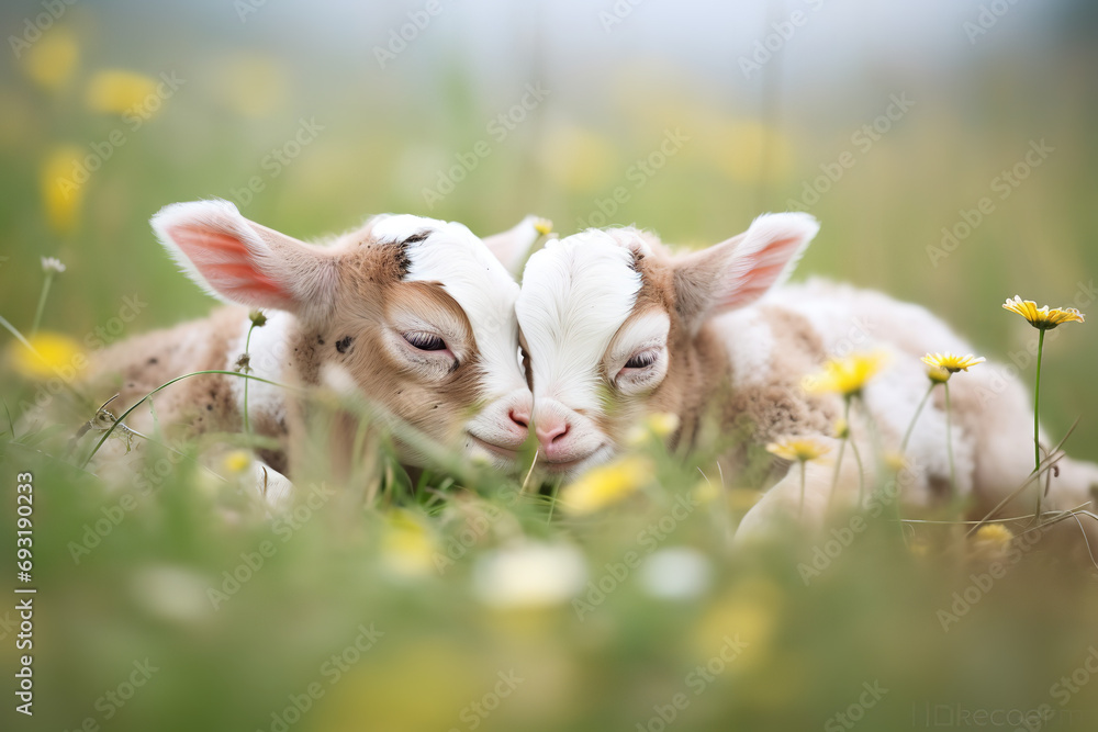 Shot of twin lambs asleep next to daisies in grass Shot of twin lambs asleep next to daisies in grass