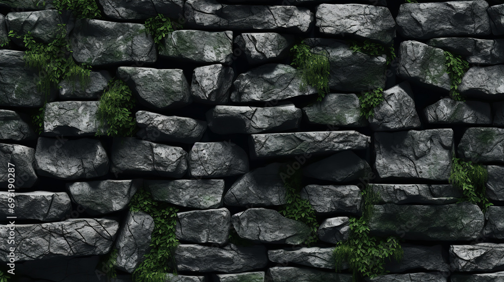 The stone wall's surface showcases a textured black rock The stone wall's surface showcases a textured black rock