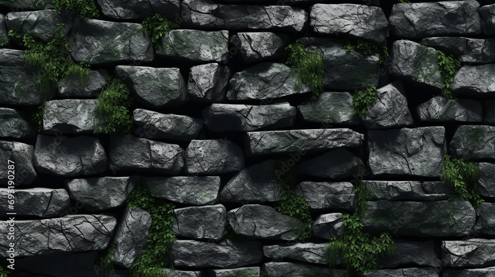 The stone wall's surface showcases a textured black rock