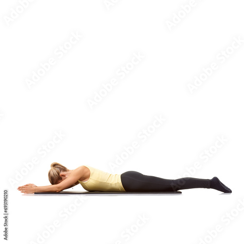 Woman, pilates and mat in studio for stretching, yoga or workout for healthy body, wellness or core muscle. Person, exercise or fitness on floor for abdomen health on mockup space or white background