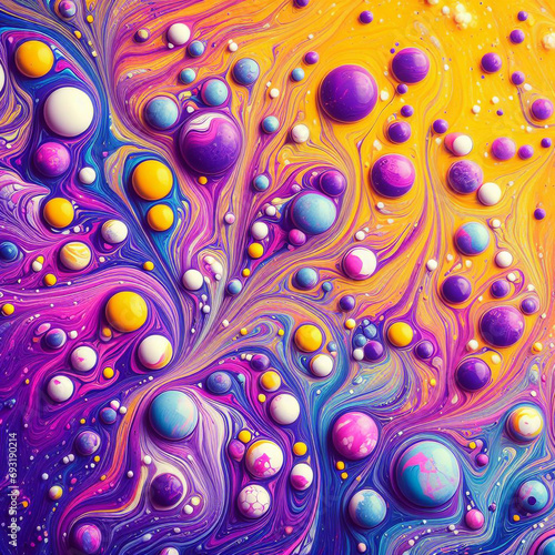 The magic of a bright and colorful mixture of liquid paints creating an abstract pattern. The dominant colors are shades of purple, yellow and pink, which combine smoothly and dynamically. © Tetyana Pavlovna