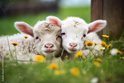 Shot of twin lambs asleep next to daisies in grass
