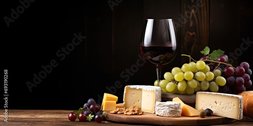 Assorted cheese and wine with empty space.