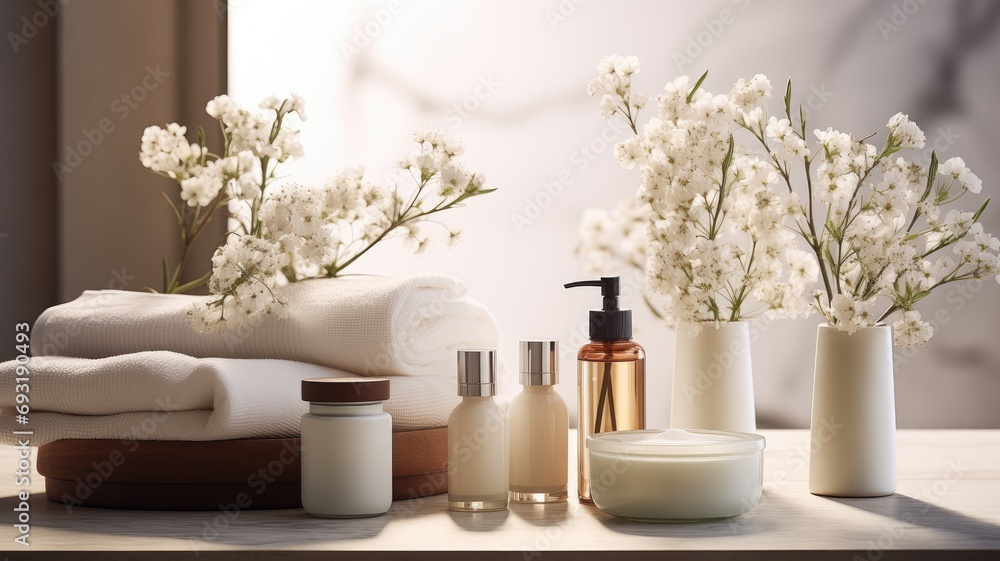 cosmetic face cleanser, serum brown glass bottles, a cream jar, and delicate gypsophila white flowers on a light beige background.