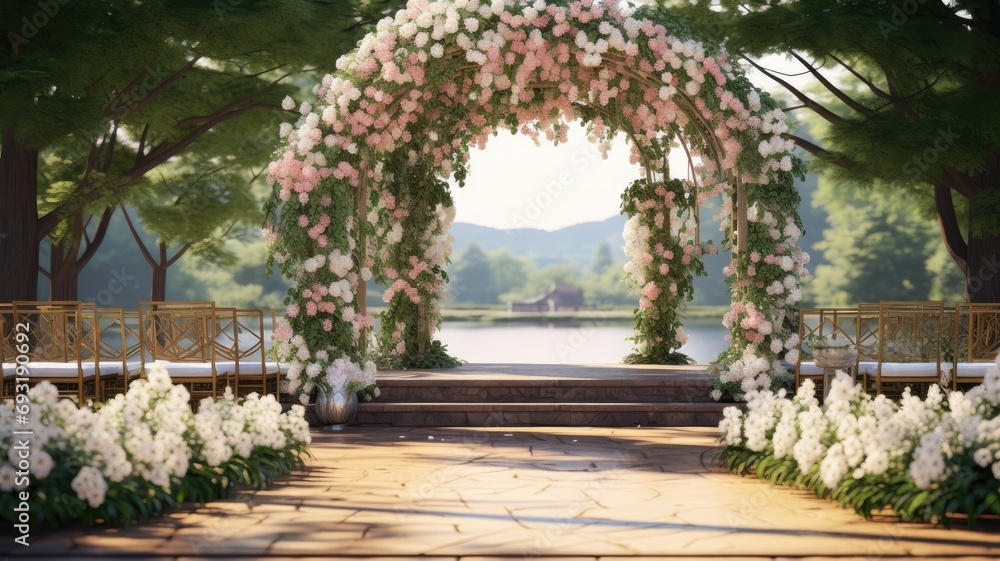 a wedding with a beautiful wedding arch adorned with flowers, electric hanging lamps, and a row of chairs on the green grass of a garden or park.