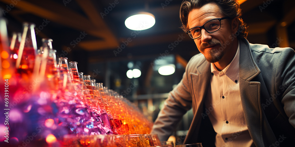 Serious scientist working with microscope in laboratory. Confident mature man in white coat and blue gloves looking at camera while doing research in scientific research laboratory Serious scientist working with microscope in laboratory. Confident mature man in white coat and blue gloves looking at camera while doing research in scientific research laboratory