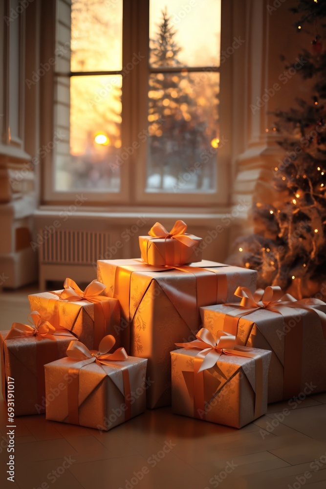 Obraz premium Christmas tree decorated for New Year's holiday in living room interior, with gifts and balls, dark, night, winter season