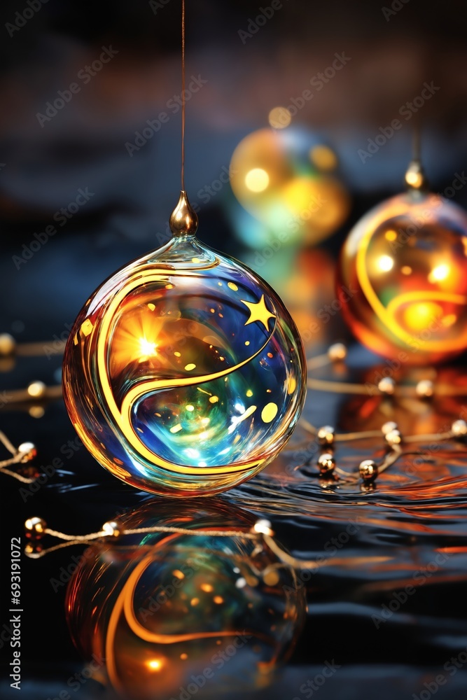 colorful glass toy balls with lights, decorations for Christmas or New Year holidays,
